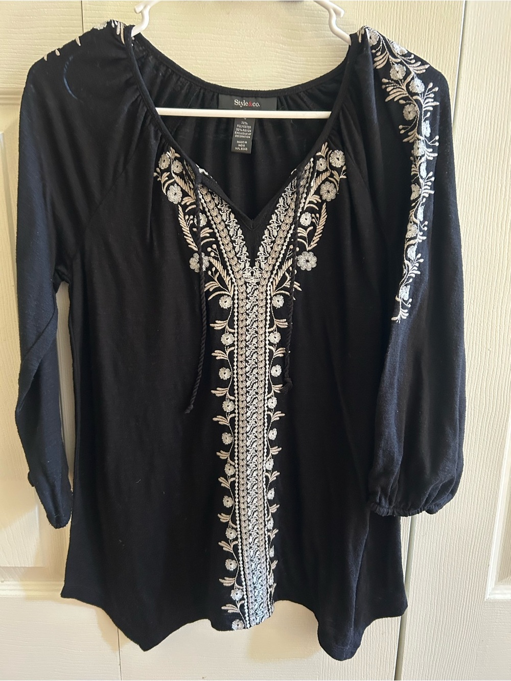 Style & Co. Black V-Neck Tunic with White Embroidered Top